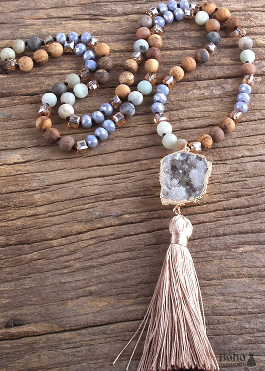 Boho Necklace RH Amazonite Jasper Crystal Tassel Brown