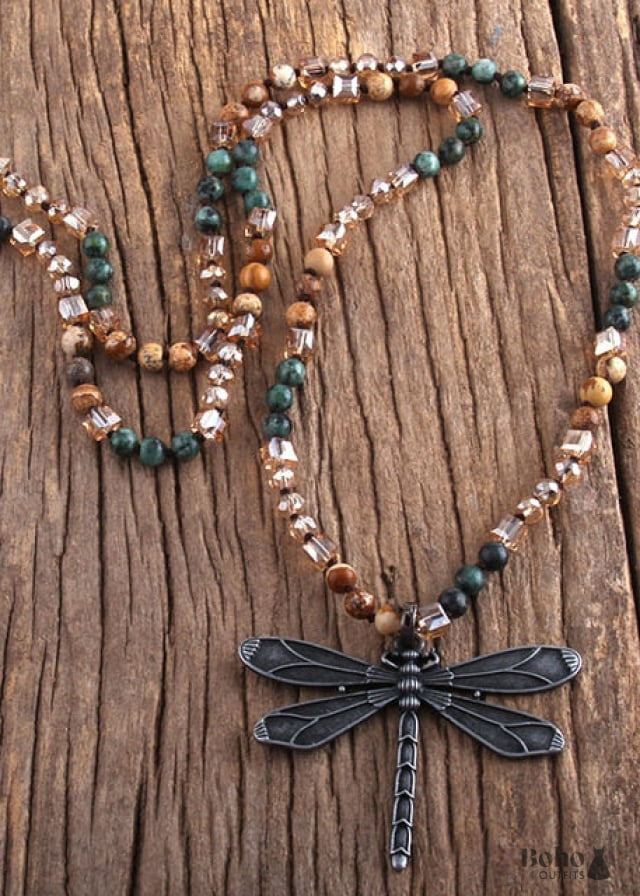 Boho Necklace RH Amazonite Jasper Dragonfly Brown Natural