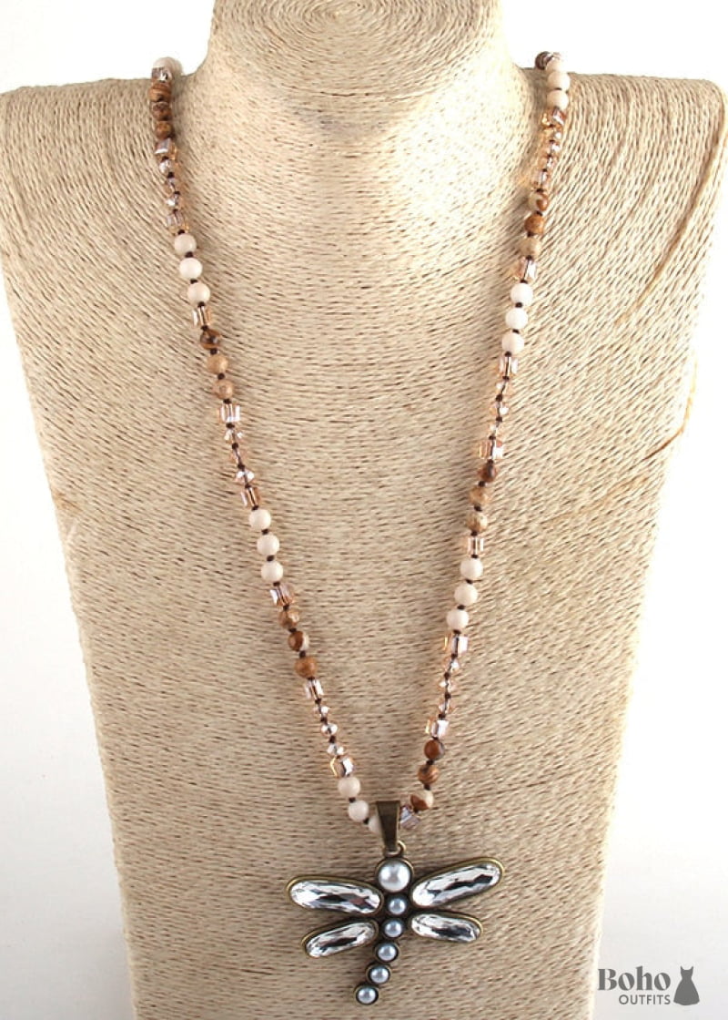 Boho Necklace RH Amazonite Jasper Dragonfly Brown Natural