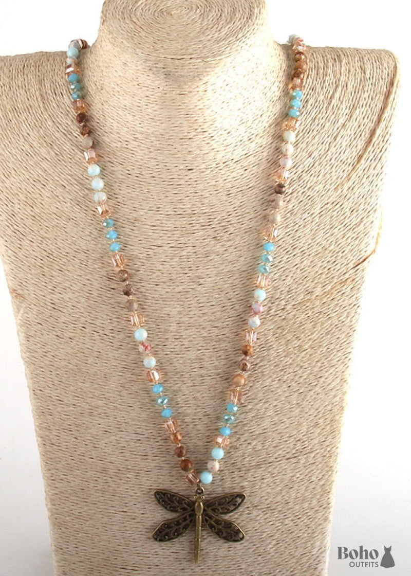 Boho Necklace RH Amazonite Jasper Dragonfly Brown Natural