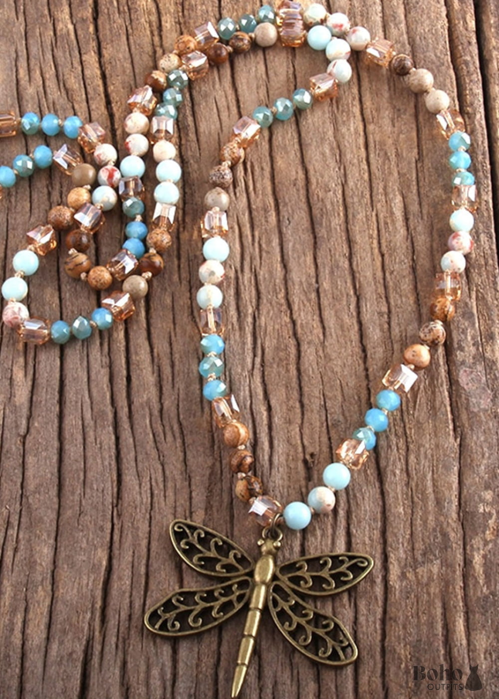 Boho Necklace RH Amazonite Jasper Dragonfly Brown Natural