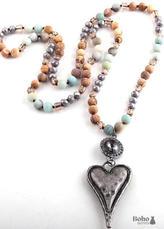 Boho Necklace RH Amazonite Jasper Heart Brown Natural Stone