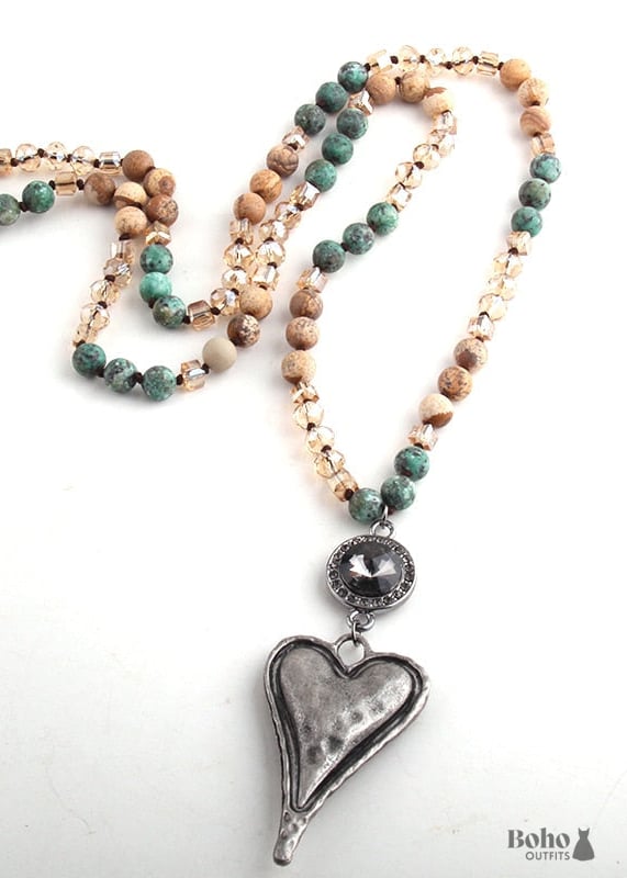 Boho Necklace RH Amazonite Jasper Heart Brown Natural Stone