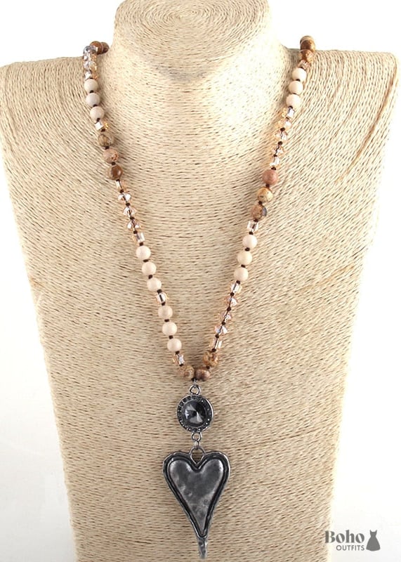 Boho Necklace RH Amazonite Jasper Heart Brown Natural Stone