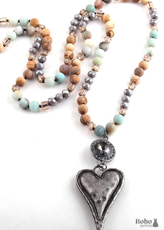 Boho Necklace RH Amazonite Jasper Heart Brown Natural Stone