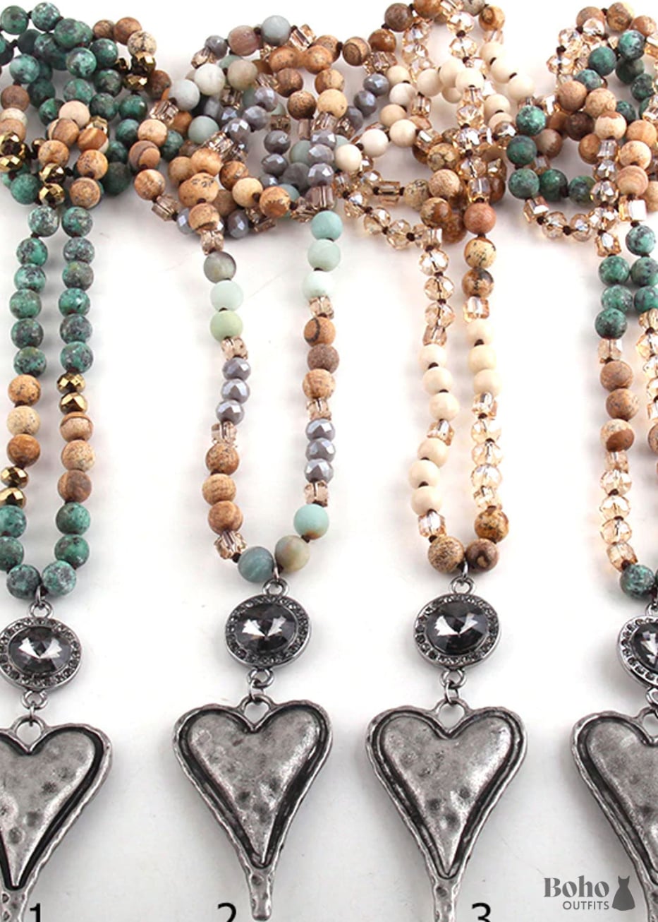 Boho Necklace RH Amazonite Jasper Heart Brown Natural Stone