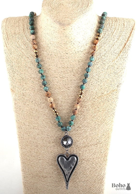 Boho Necklace RH Amazonite Jasper Heart Brown Natural Stone