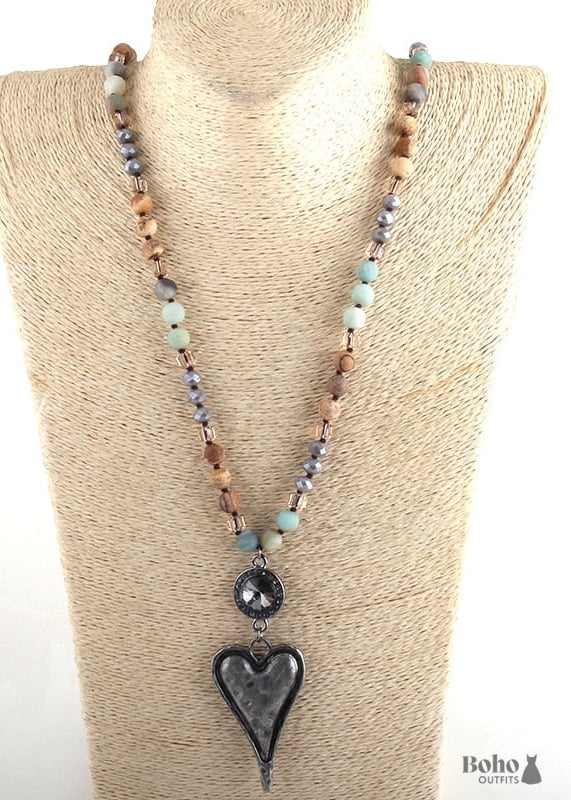 Boho Necklace RH Amazonite Jasper Heart Brown Natural Stone