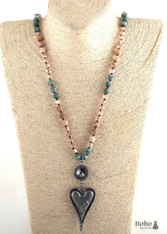 Boho Necklace RH Amazonite Jasper Heart Brown Natural Stone