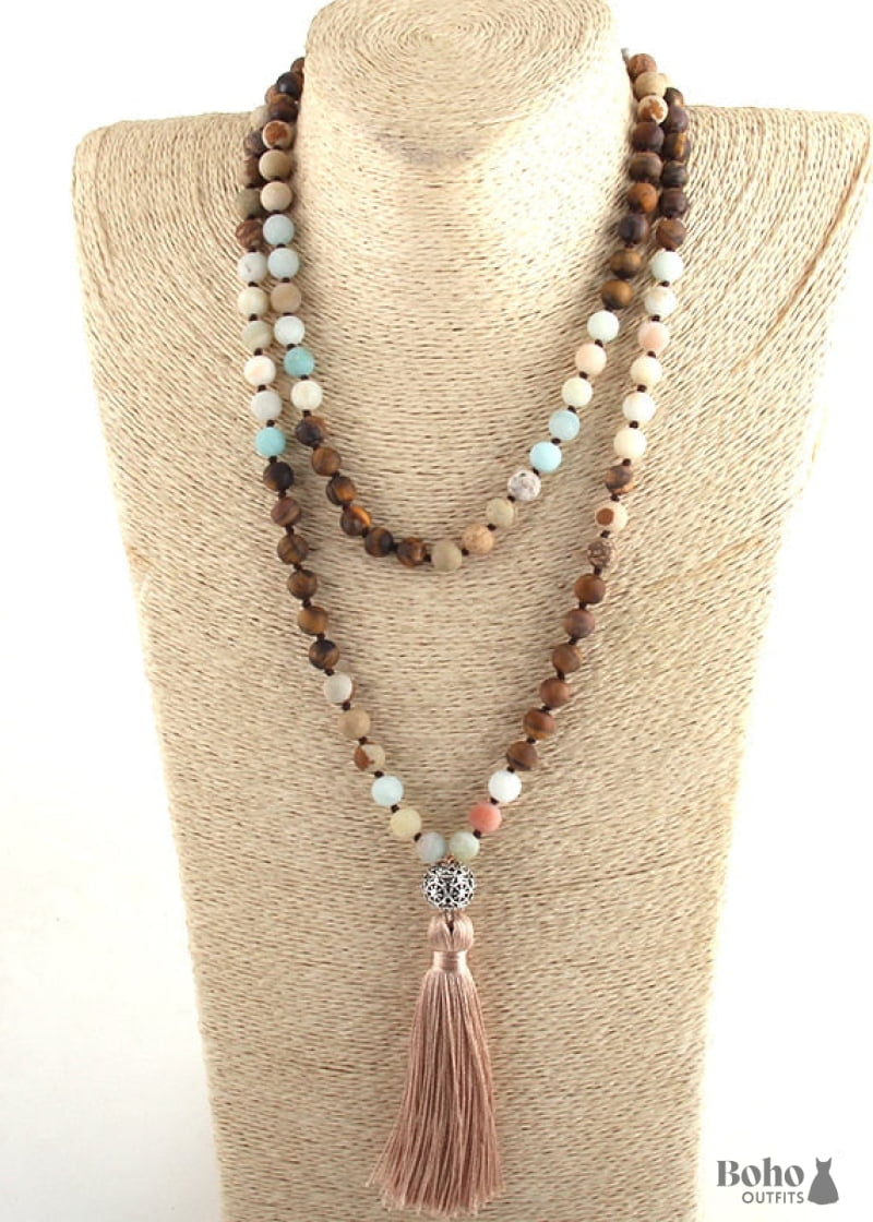 Boho Necklace RH Amazonite Jasper Lariat Silver Ball Green