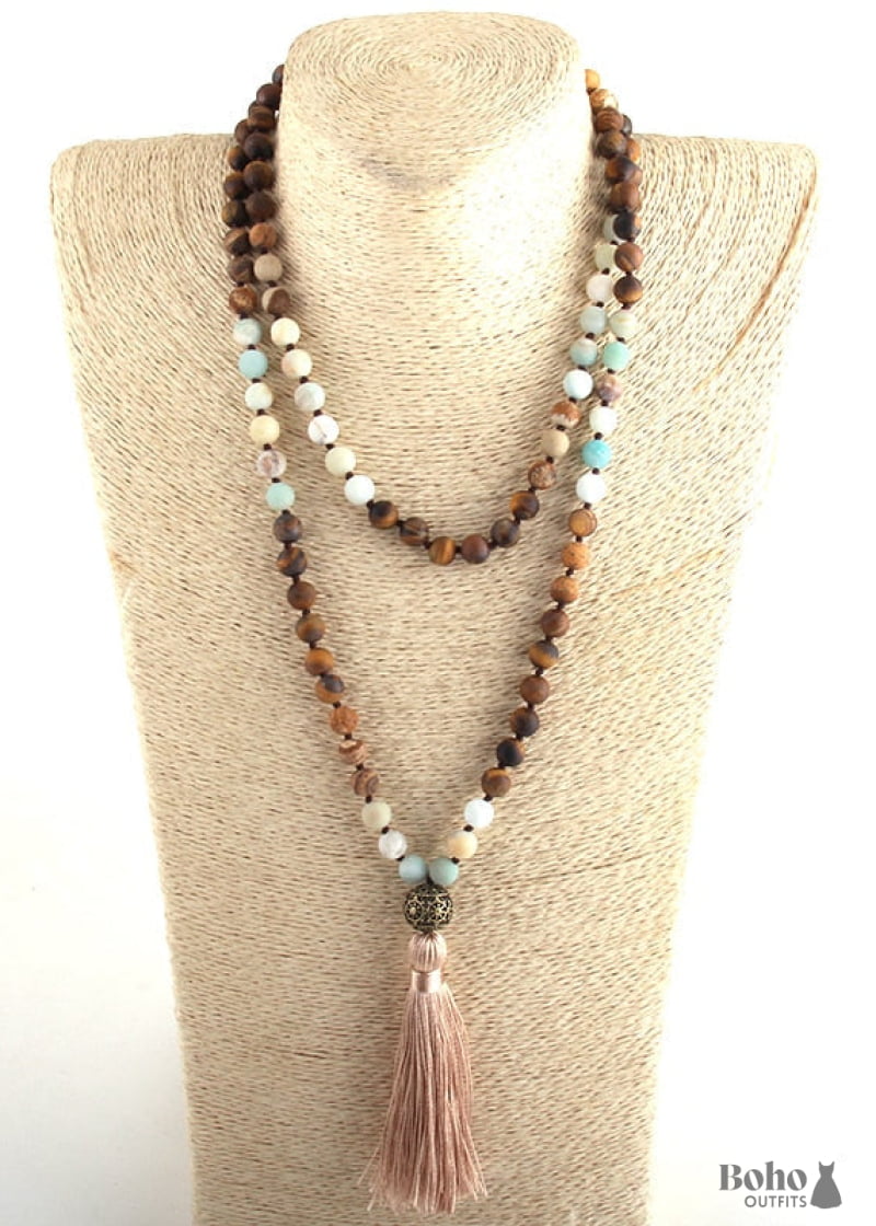 Boho Necklace RH Amazonite Jasper Lariat Silver Ball Green