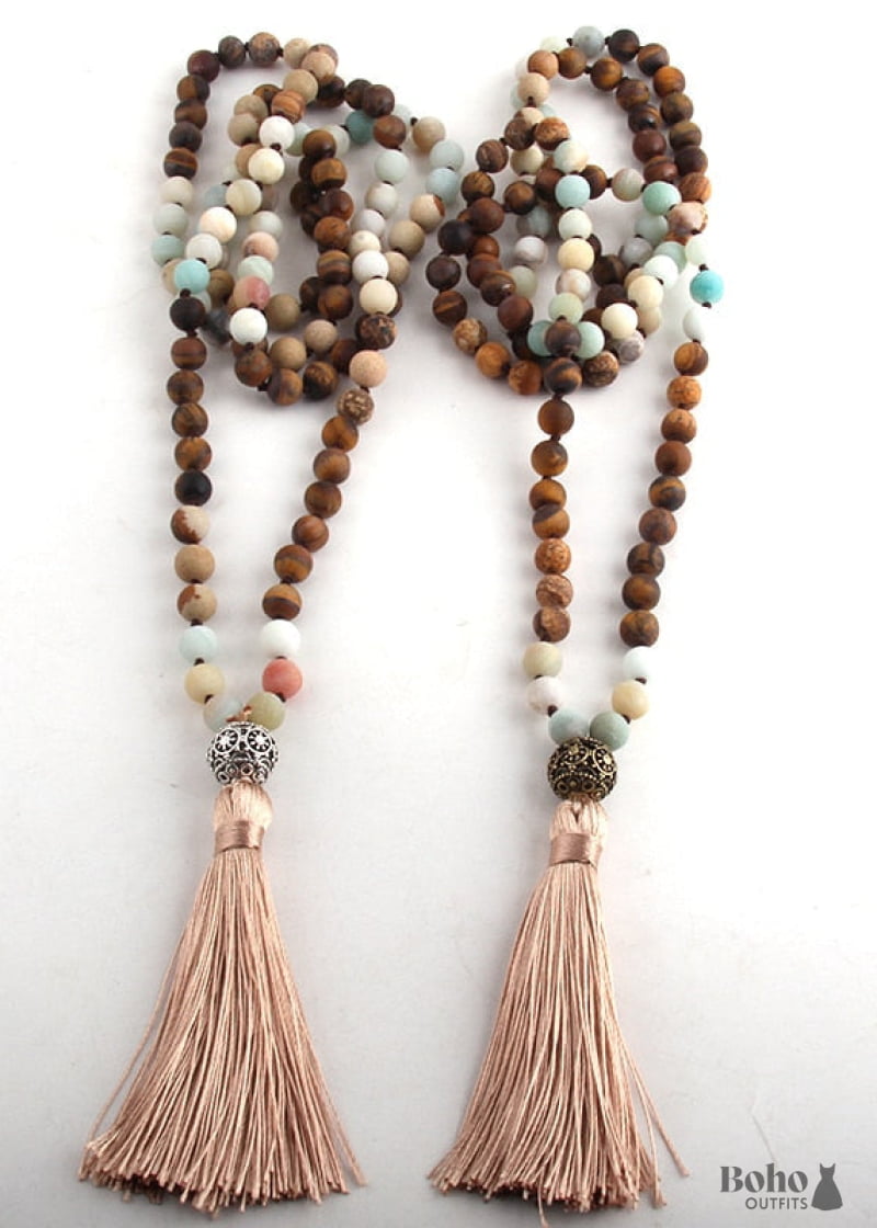 Boho Necklace RH Amazonite Jasper Lariat Silver Ball Green