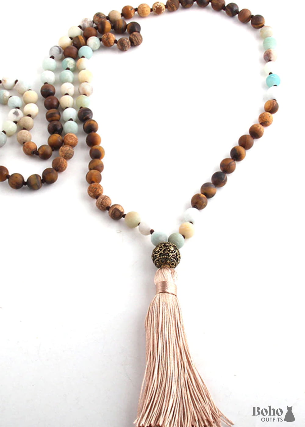 Boho Necklace RH Amazonite Jasper Lariat Silver Ball Green