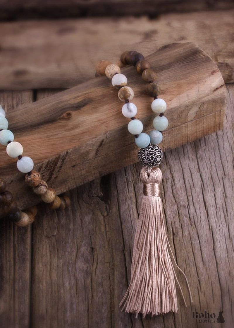 Boho Necklace RH Amazonite Jasper Lariat Silver Ball Green