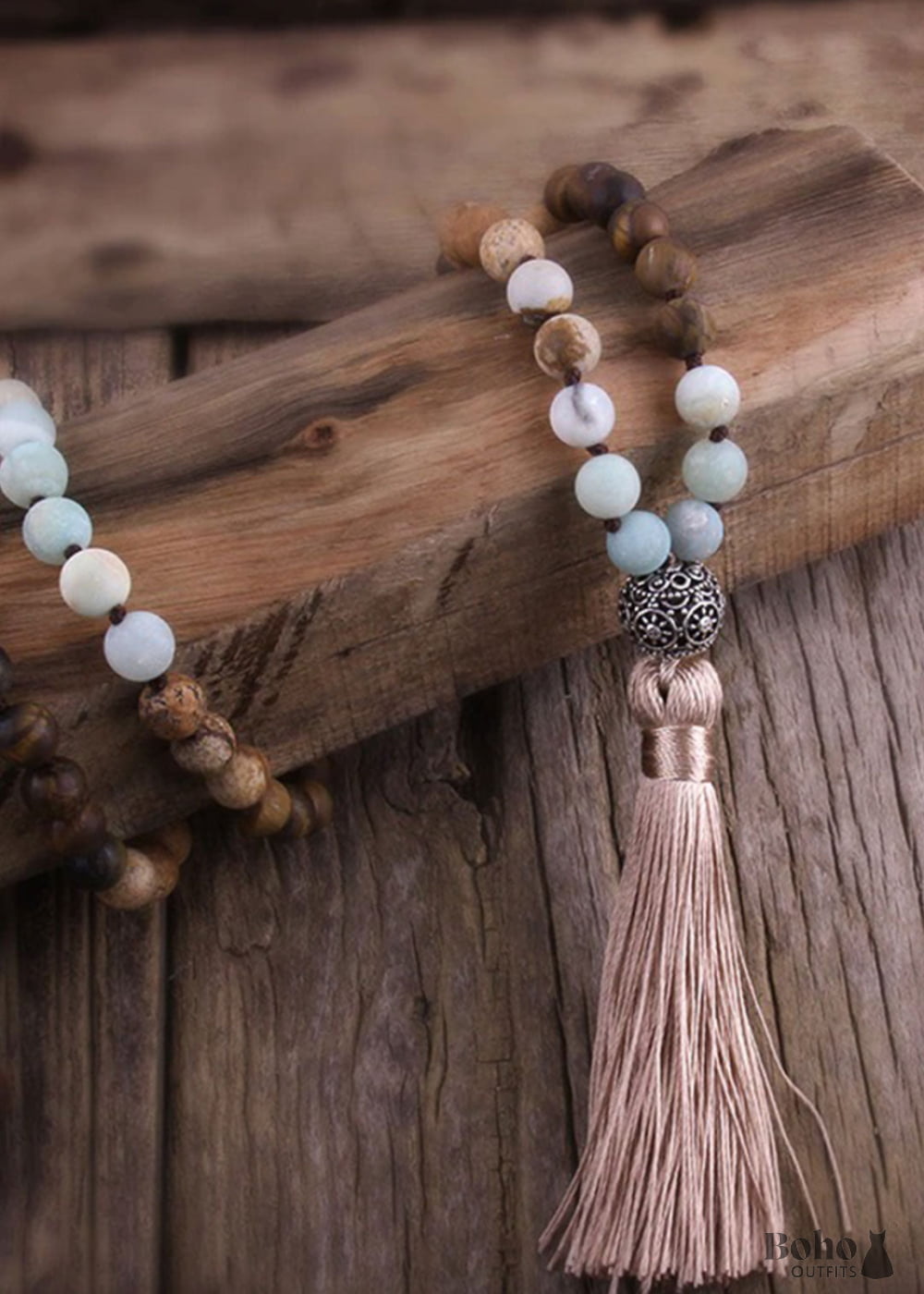 Boho Necklace RH Amazonite Jasper Lariat Silver Ball Green