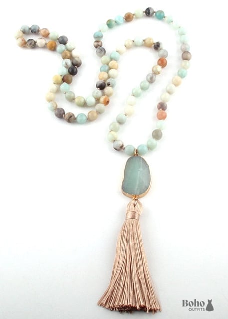 Boho Necklace RH Amazonite Jasper Moon Stone Green Brown