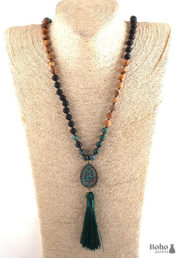 Boho Necklace RH Amazonite Jasper Tassel Brown Natural