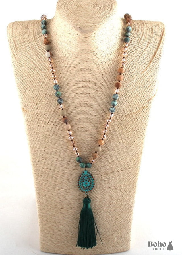 Boho Necklace RH Amazonite Jasper Tassel Brown Natural