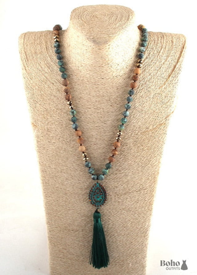 Boho Necklace RH Amazonite Jasper Tassel Brown Natural