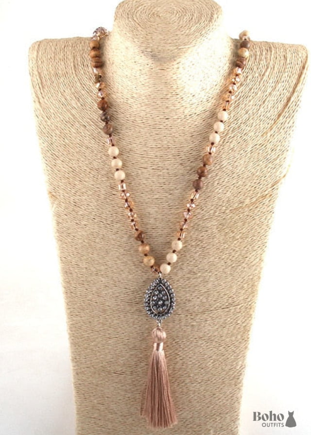 Boho Necklace RH Amazonite Jasper Tassel Brown Natural