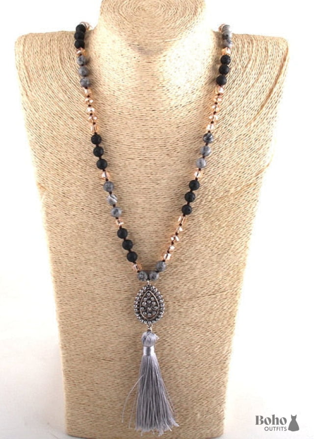 Boho Necklace RH Amazonite Jasper Tassel Brown Natural