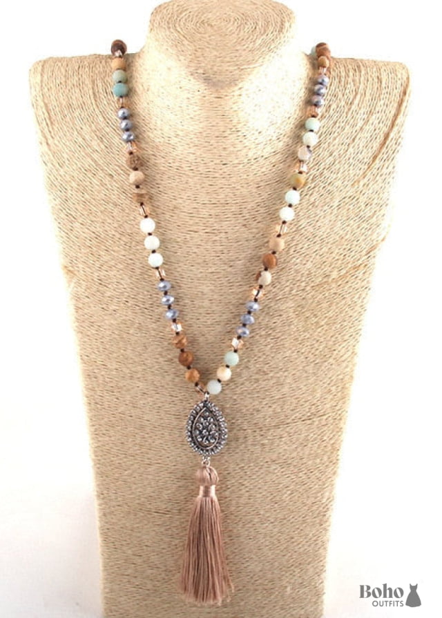 Boho Necklace RH Amazonite Jasper Tassel Brown Natural