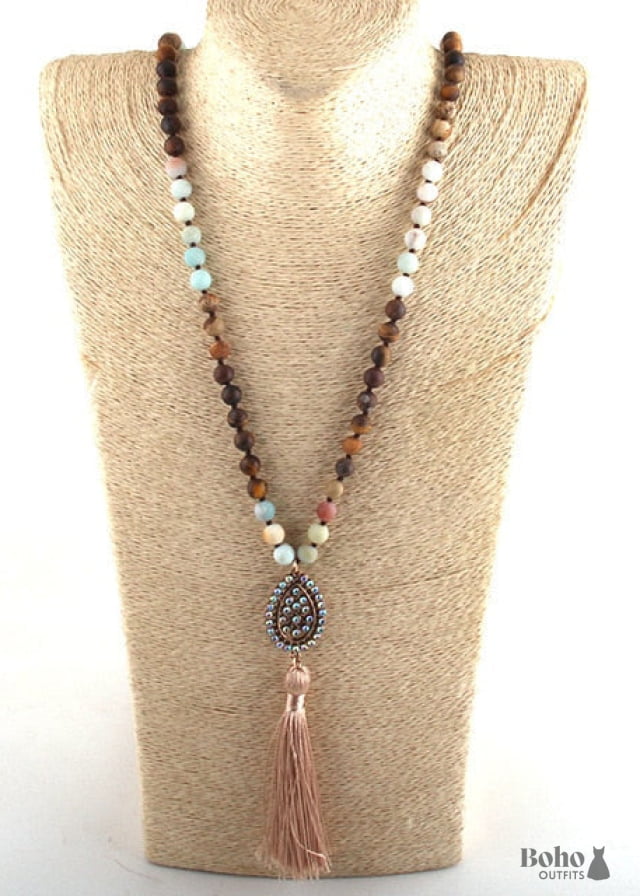 Boho Necklace RH Amazonite Jasper Tassel Brown Natural