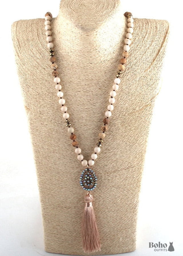 Boho Necklace RH Amazonite Jasper Tassel Brown Natural