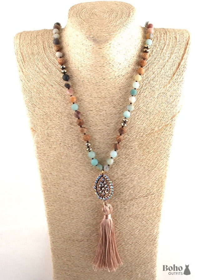 Boho Necklace RH Amazonite Jasper Tassel Brown Natural