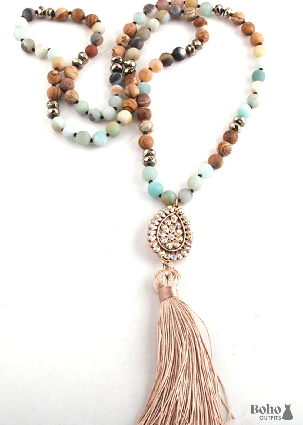 Boho Necklace RH Amazonite Jasper Tassel Brown Natural