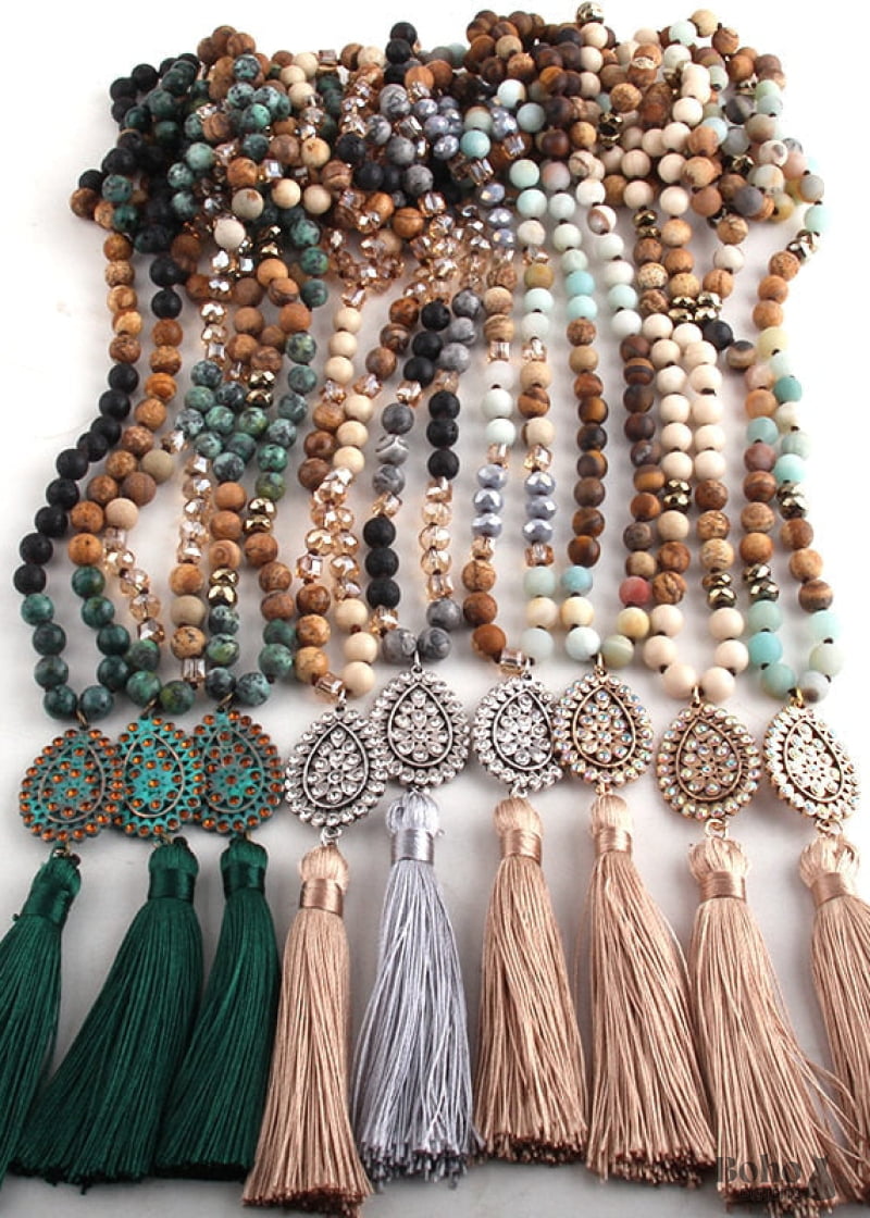 Boho Necklace RH Amazonite Jasper Tassel Brown Natural