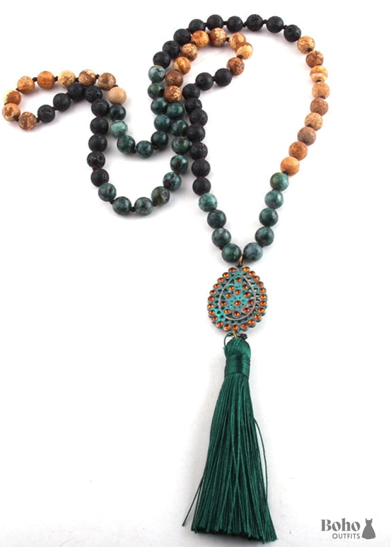 Boho Necklace RH Amazonite Jasper Tassel Brown Natural