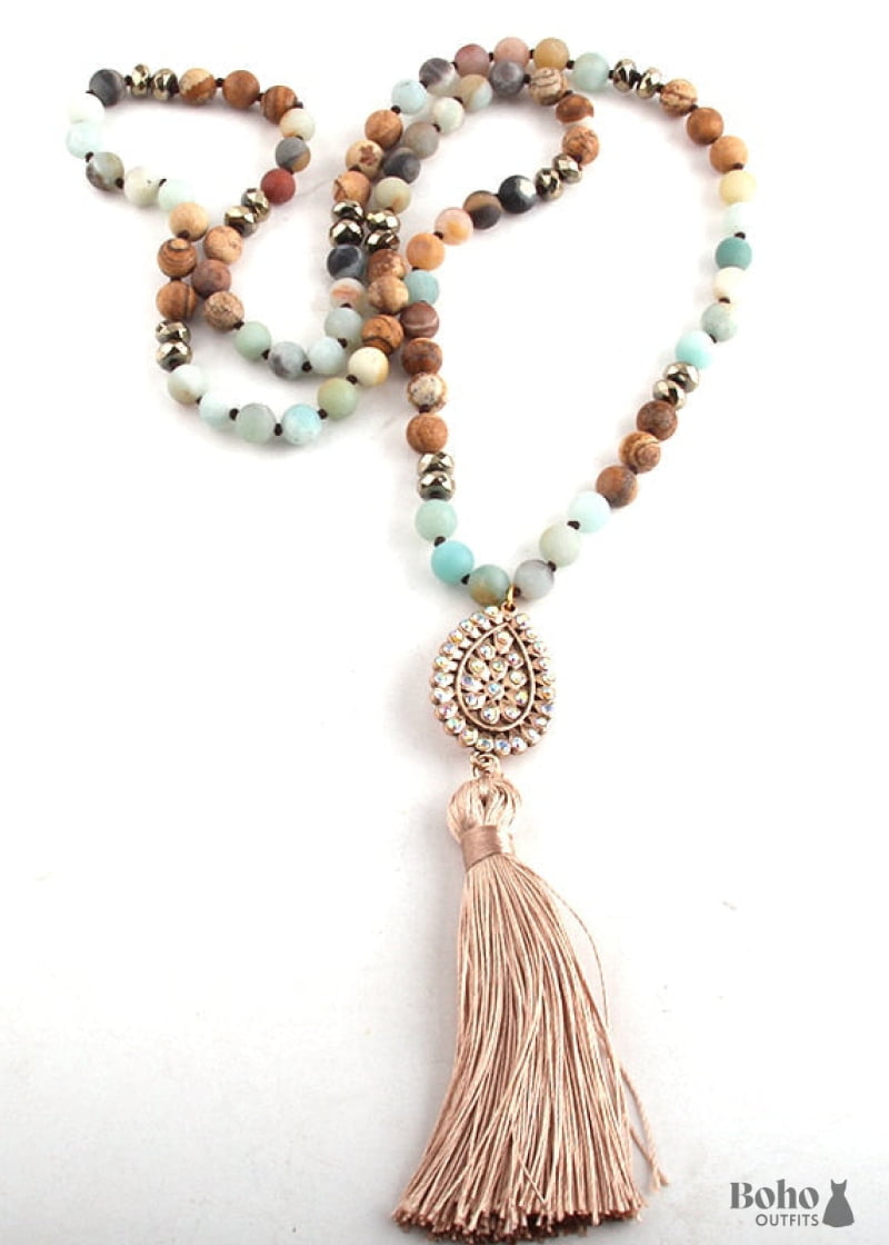 Boho Necklace RH Amazonite Jasper Tassel Brown Natural