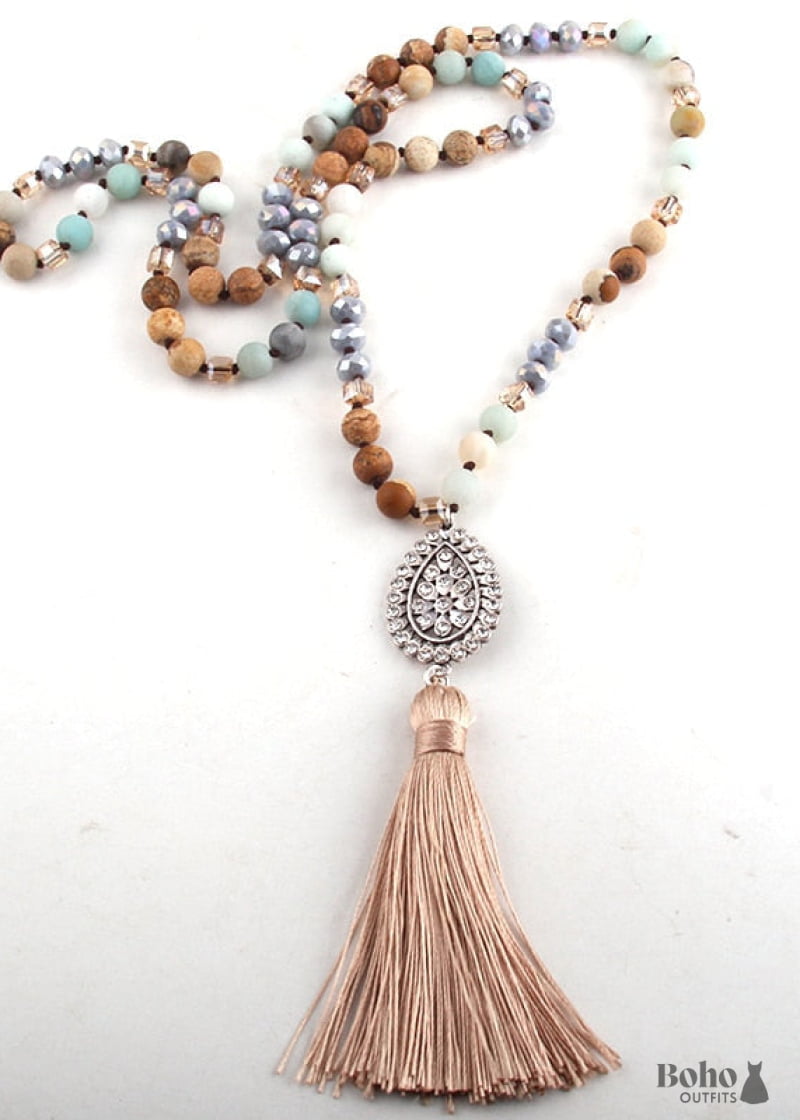 Boho Necklace RH Amazonite Jasper Tassel Brown Natural