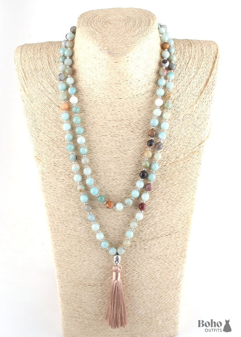 Boho Necklace RH Amazonite Tassel Blue Green Natural Stone