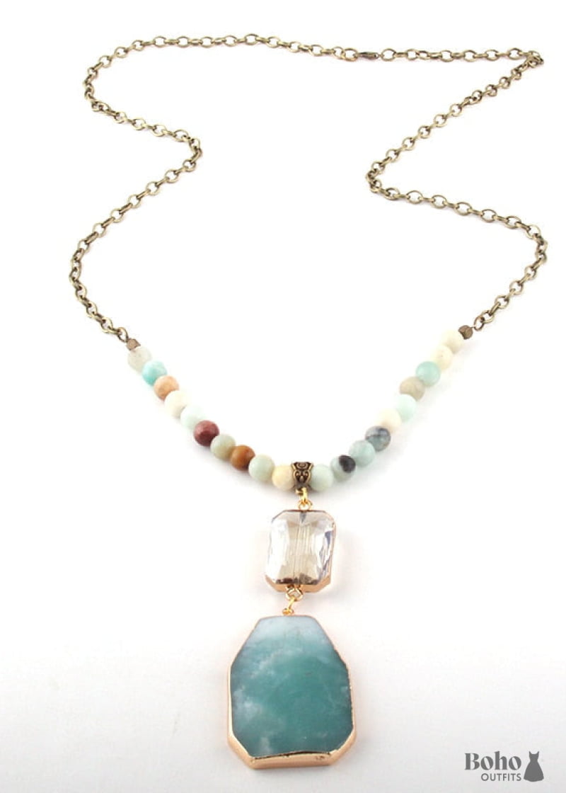 Boho Necklace RH Antique Brass Green Amazonite Stone Glass