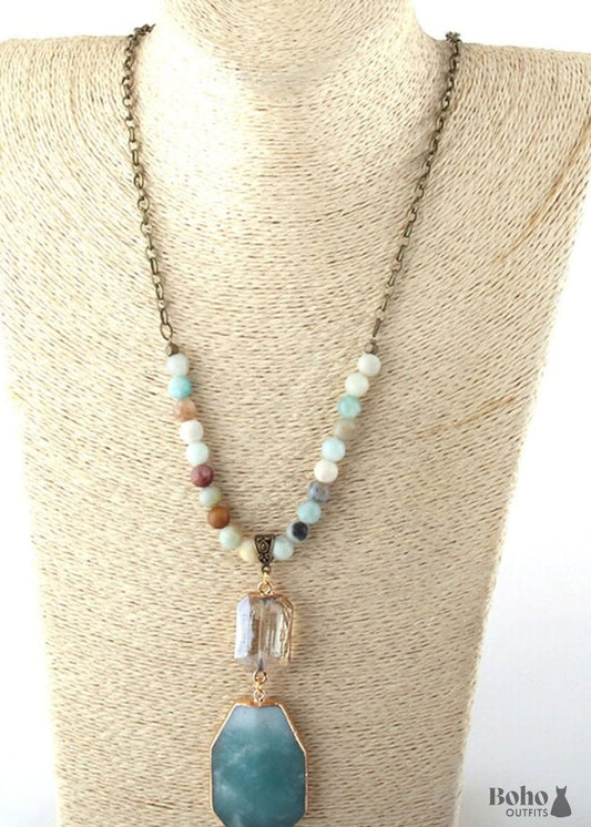 Boho Necklace RH Antique Brass Green Amazonite Stone Glass