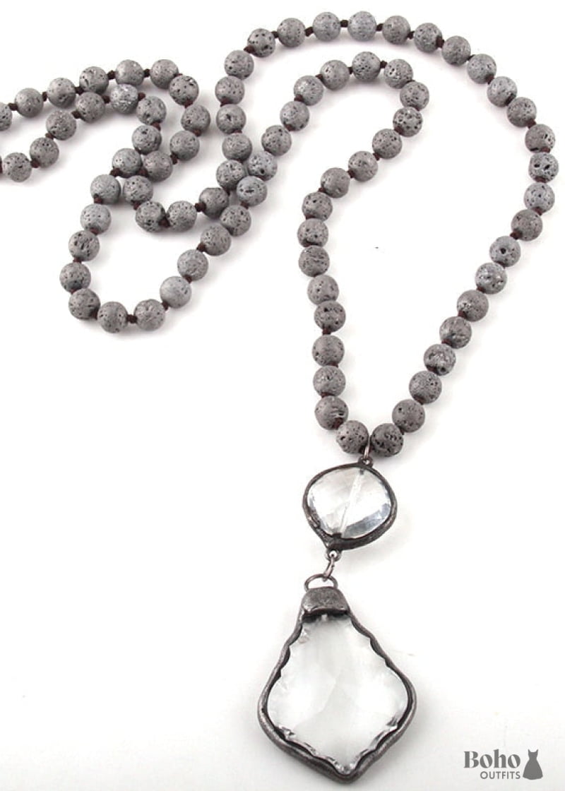 Boho Necklace RH Antique Brass Lava Stone Glass - gray