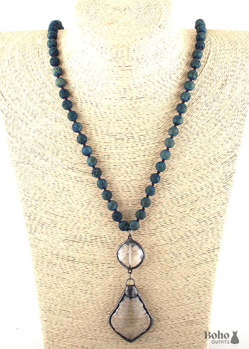 Boho Necklace RH Antique Brass Lava Stone Glass - Jewelry