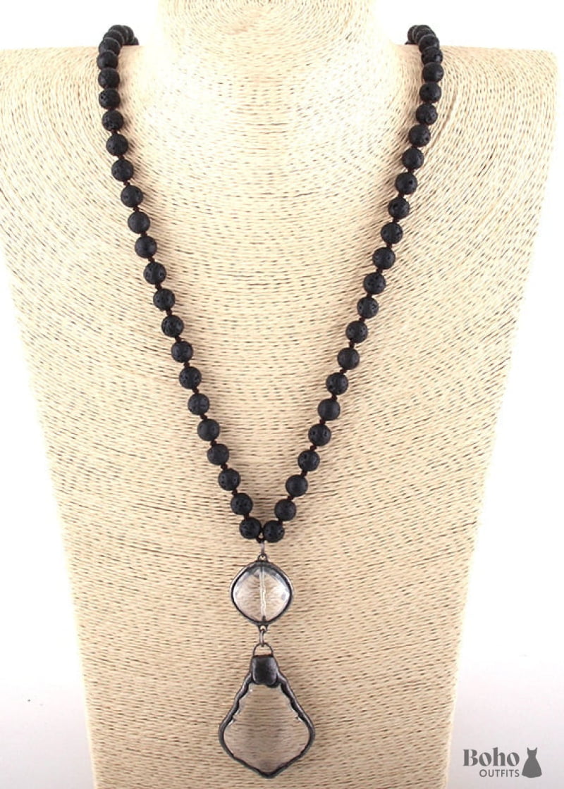 Boho Necklace RH Antique Brass Lava Stone Glass - Jewelry