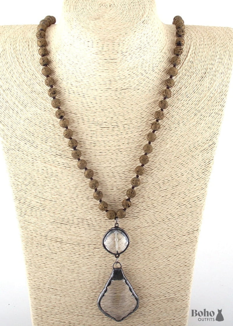 Boho Necklace RH Antique Brass Lava Stone Glass - Jewelry