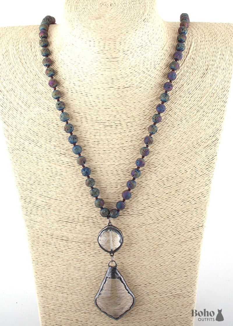 Boho Necklace RH Antique Brass Lava Stone Glass - Jewelry