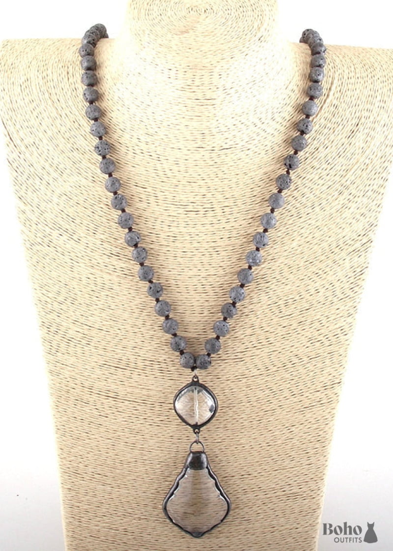 Boho Necklace RH Antique Brass Lava Stone Glass - Jewelry