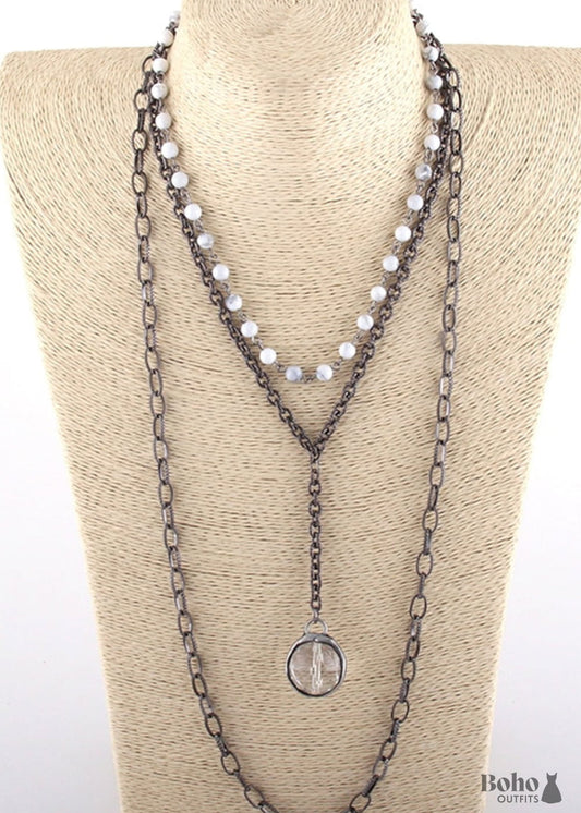 Boho Necklace RH Antique Brass White Stone Glass - Jewelry