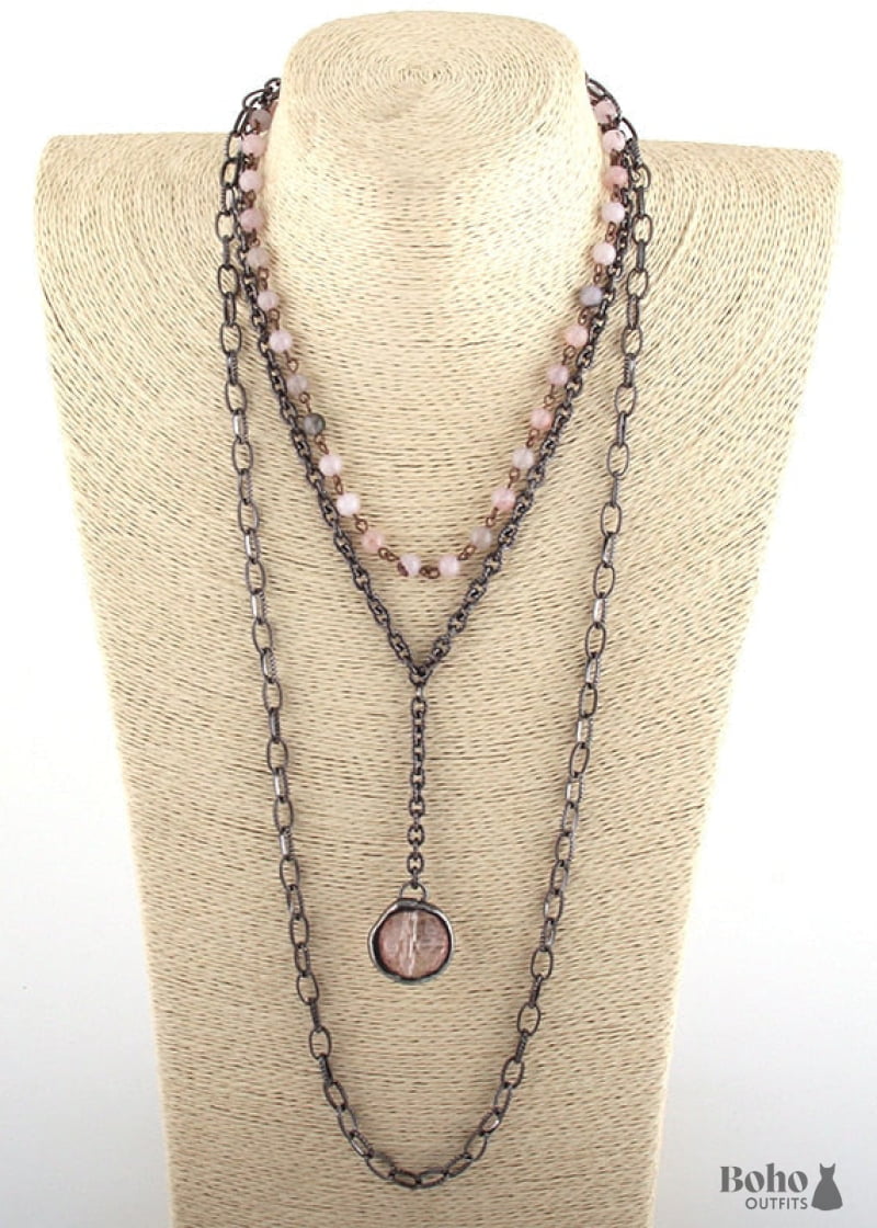 Boho Necklace RH Antique Brass White Stone Glass - pink