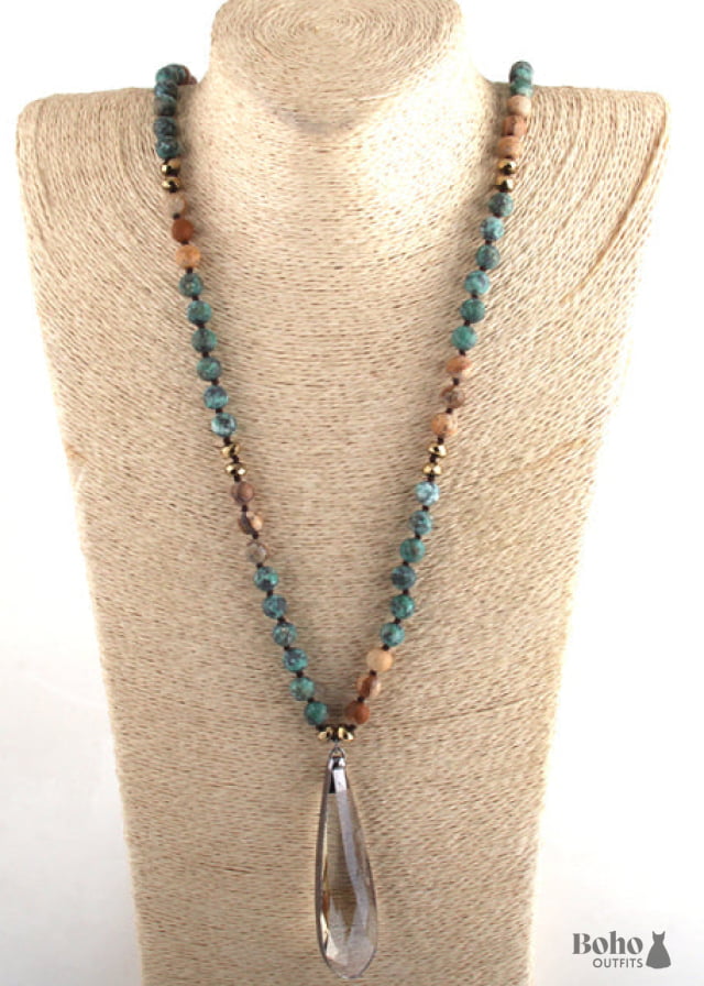 Boho Necklace RH Antique Drop Crystal Lava Stone - 1 / 88cm