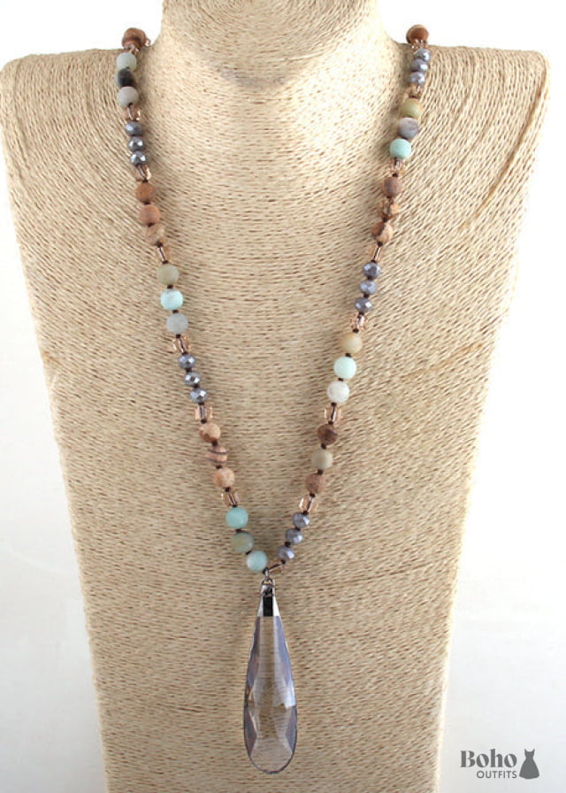 Boho Necklace RH Antique Drop Crystal Lava Stone - 2 / 88cm