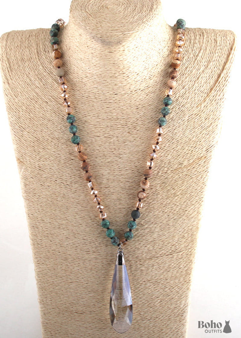 Boho Necklace RH Antique Drop Crystal Lava Stone - 4 / 88cm