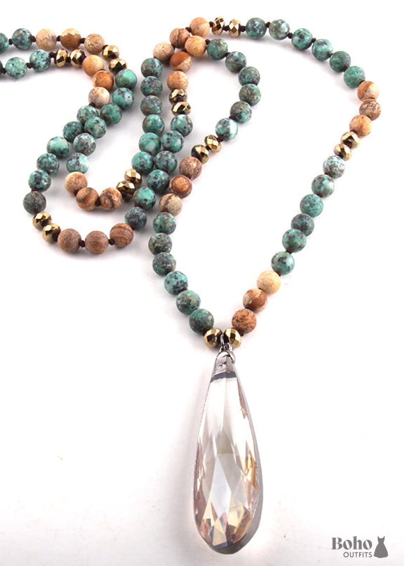 Boho Necklace RH Antique Drop Crystal Lava Stone - Jewelry