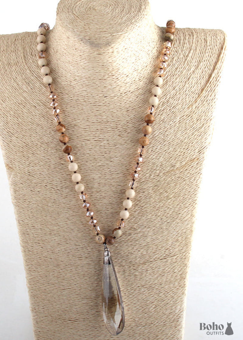 Boho Necklace RH Antique Drop Crystal Lava Stone - Jewelry